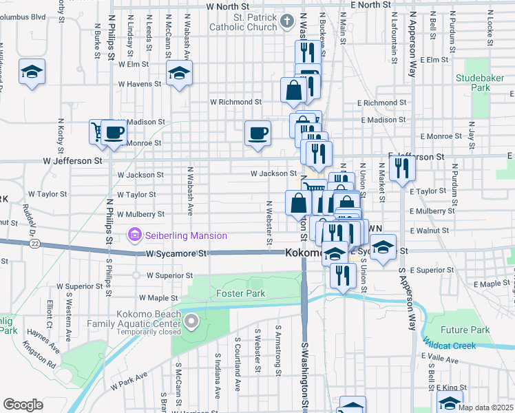 map of restaurants, bars, coffee shops, grocery stores, and more near 505 West Mulberry Street in Kokomo