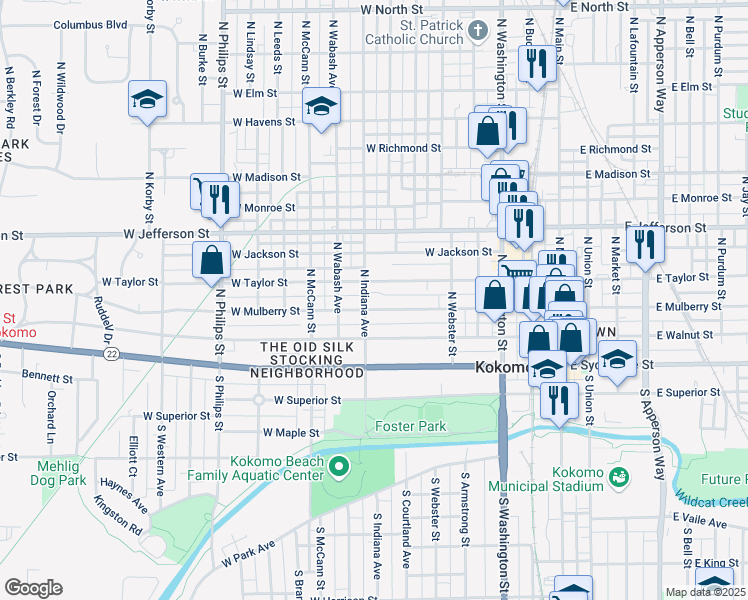 map of restaurants, bars, coffee shops, grocery stores, and more near 705 West Mulberry Street in Kokomo