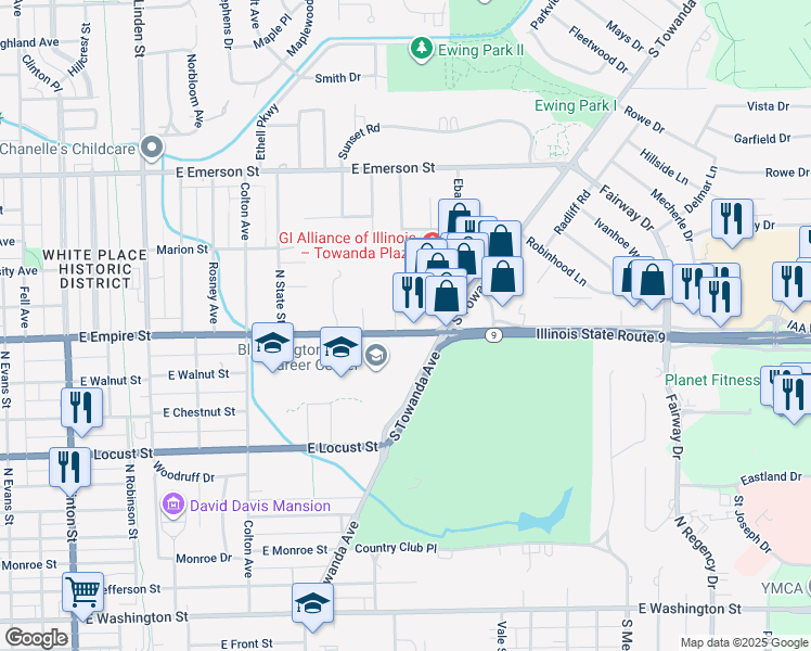 map of restaurants, bars, coffee shops, grocery stores, and more near 1239 E Empire St in Bloomington