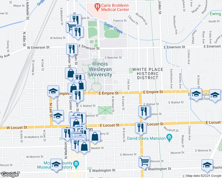map of restaurants, bars, coffee shops, grocery stores, and more near 1014 North Mclean Street in Bloomington