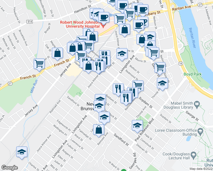 map of restaurants, bars, coffee shops, grocery stores, and more near in New Brunswick