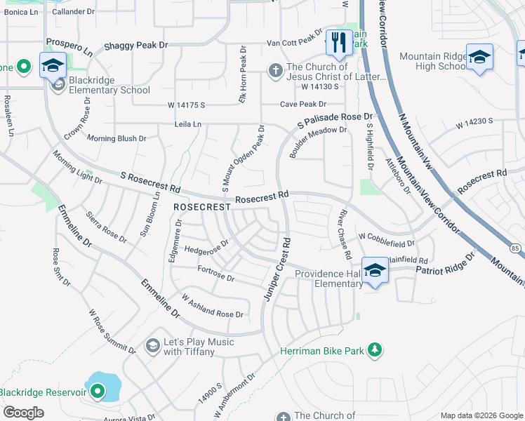 map of restaurants, bars, coffee shops, grocery stores, and more near 14491 Boulder Crest Drive in Herriman