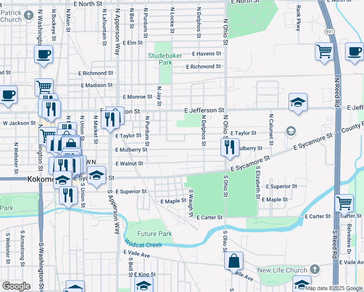 map of restaurants, bars, coffee shops, grocery stores, and more near 929 East Mulberry Street in Kokomo