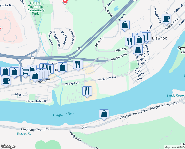 map of restaurants, bars, coffee shops, grocery stores, and more near 1386 Old Freeport Road in Pittsburgh