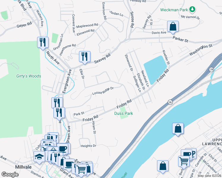 map of restaurants, bars, coffee shops, grocery stores, and more near 377 Friday Road in Pittsburgh