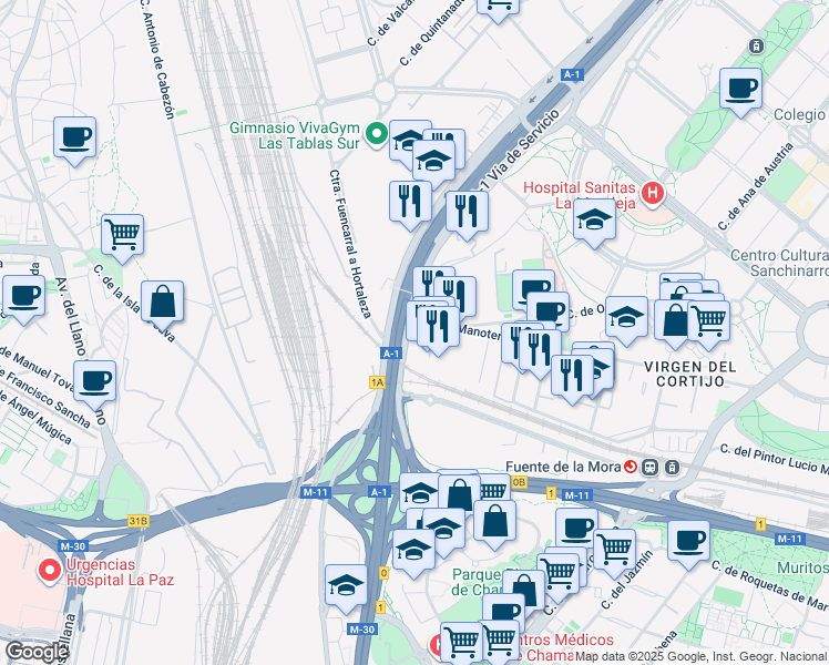 map of restaurants, bars, coffee shops, grocery stores, and more near 118 Avenida de Burgos in Madrid