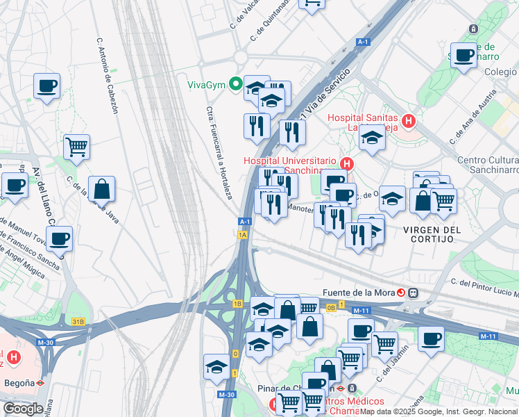 map of restaurants, bars, coffee shops, grocery stores, and more near 118 Avenida de Burgos in Madrid