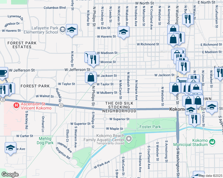 map of restaurants, bars, coffee shops, grocery stores, and more near 313 North Leeds Street in Kokomo