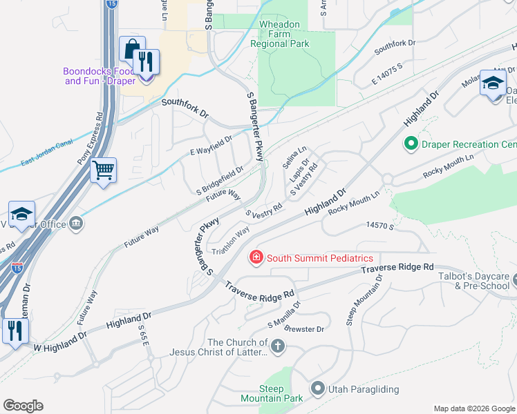 map of restaurants, bars, coffee shops, grocery stores, and more near 313 Endurance Circle in Draper