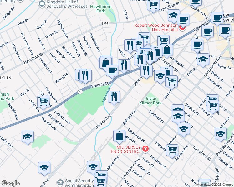 map of restaurants, bars, coffee shops, grocery stores, and more near 121 Jersey Avenue in New Brunswick