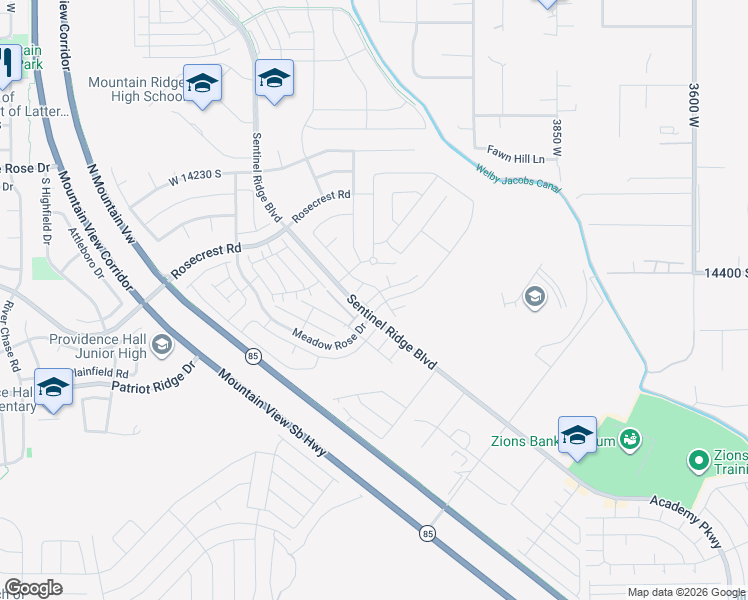 map of restaurants, bars, coffee shops, grocery stores, and more near 14512 South Abbey Bend Lane in Riverton