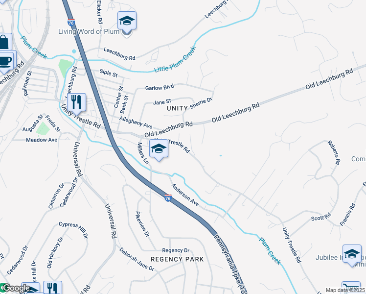 map of restaurants, bars, coffee shops, grocery stores, and more near 520 Unity Trestle Road in Pittsburgh
