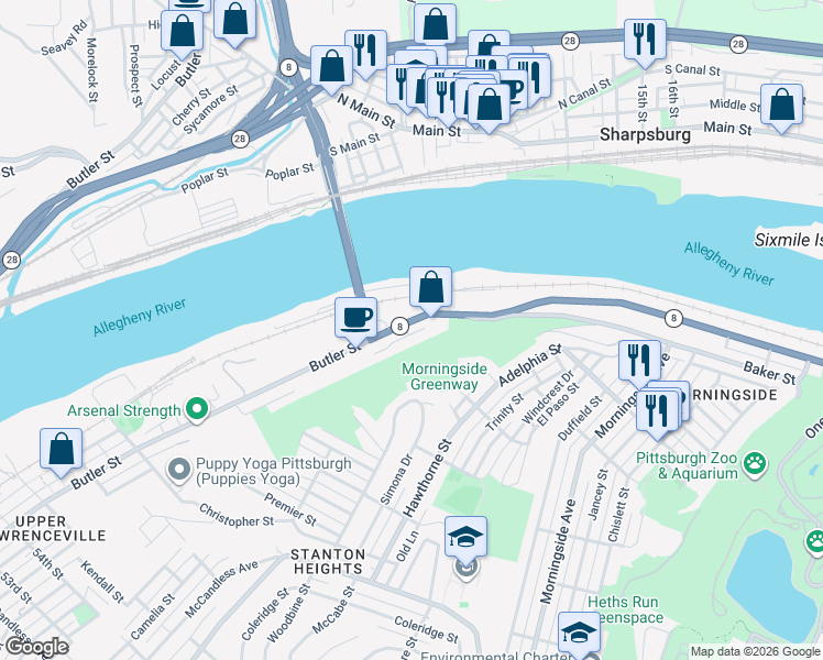 map of restaurants, bars, coffee shops, grocery stores, and more near 6306 Sawyer Street in Pittsburgh
