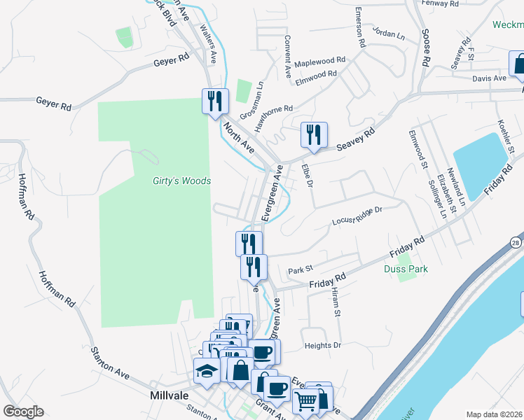 map of restaurants, bars, coffee shops, grocery stores, and more near 726 Evergreen Road in Pittsburgh