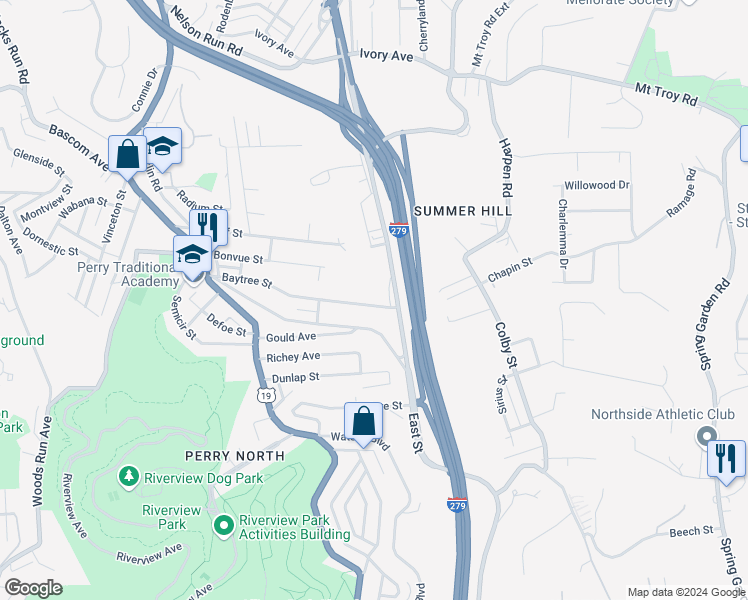 map of restaurants, bars, coffee shops, grocery stores, and more near 3716 East Street in Pittsburgh