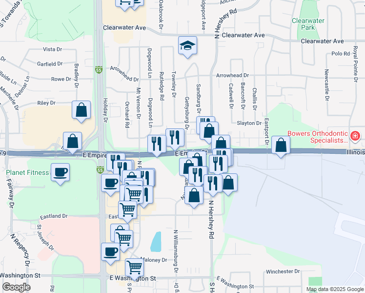 map of restaurants, bars, coffee shops, grocery stores, and more near 2109 East Empire Street in Bloomington