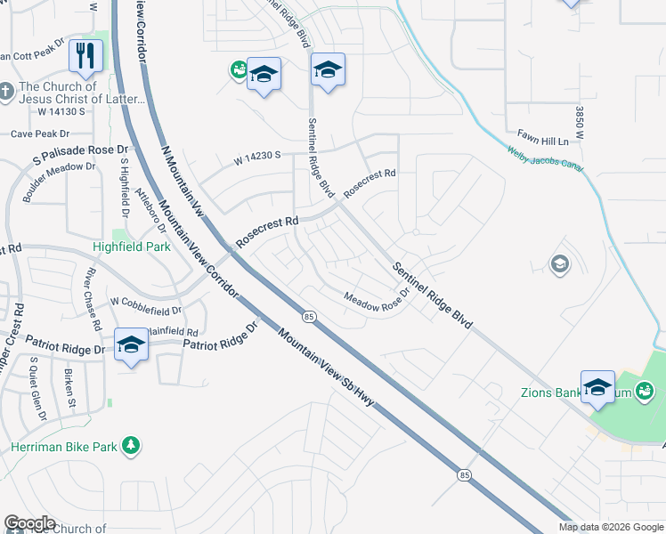 map of restaurants, bars, coffee shops, grocery stores, and more near 14484 South Ronan Lane in Bluffdale