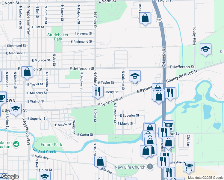 map of restaurants, bars, coffee shops, grocery stores, and more near 1306 East Mulberry Street in Kokomo