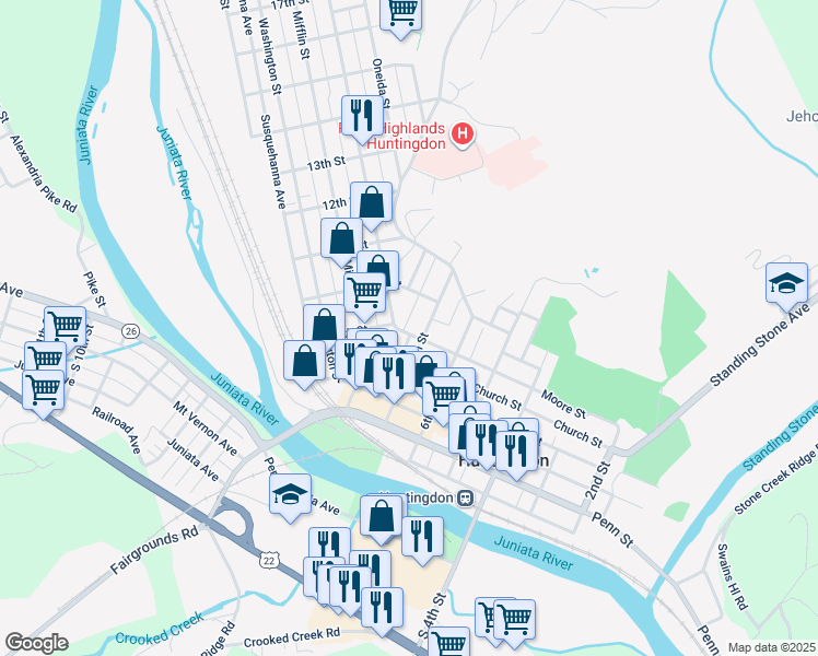 map of restaurants, bars, coffee shops, grocery stores, and more near 713 Moore Street in Huntingdon
