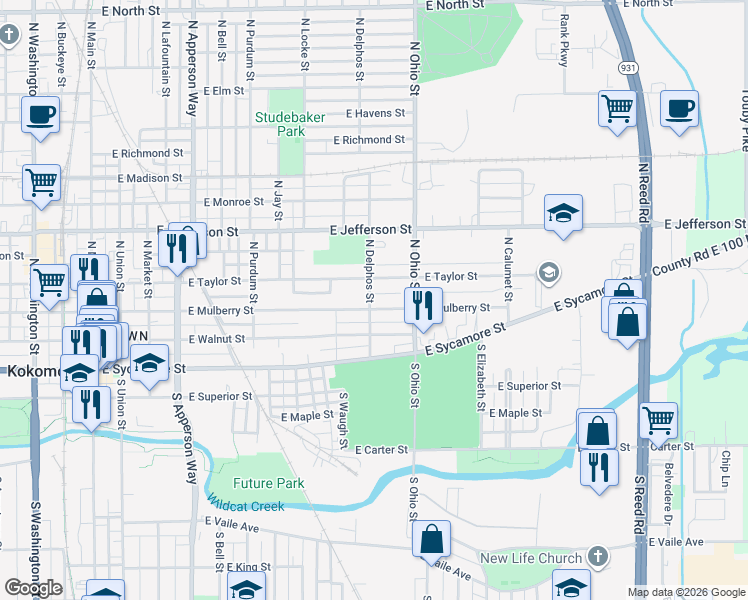 map of restaurants, bars, coffee shops, grocery stores, and more near 1014 East Walnut Street in Kokomo