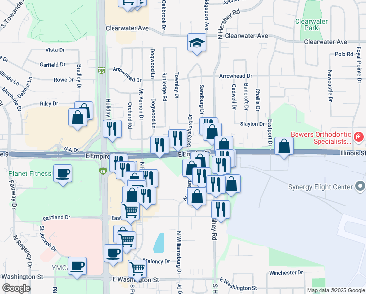 map of restaurants, bars, coffee shops, grocery stores, and more near 2110 East Empire Street in Bloomington