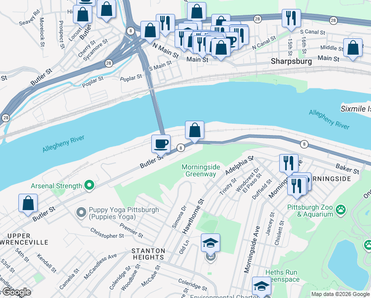 map of restaurants, bars, coffee shops, grocery stores, and more near 6306 Sawyer Street in Pittsburgh