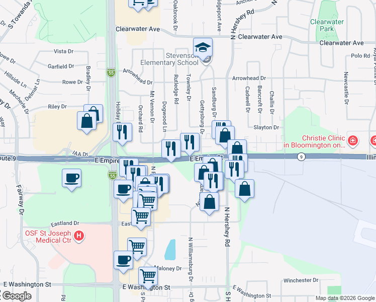 map of restaurants, bars, coffee shops, grocery stores, and more near 2106 East Empire Street in Bloomington