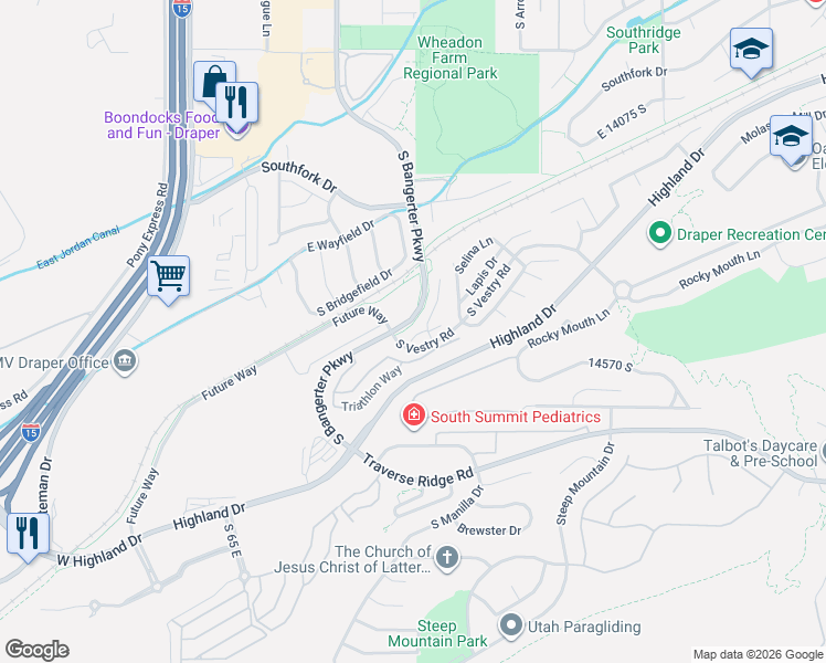 map of restaurants, bars, coffee shops, grocery stores, and more near 301 Endurance Circle in Draper