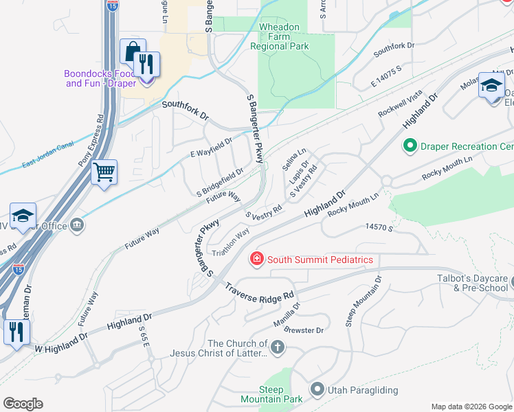 map of restaurants, bars, coffee shops, grocery stores, and more near 301 Endurance Circle in Draper