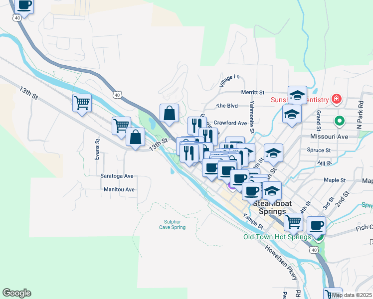 map of restaurants, bars, coffee shops, grocery stores, and more near 1201 Lincoln Avenue in Steamboat Springs