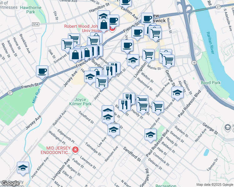 map of restaurants, bars, coffee shops, grocery stores, and more near 259 Seaman Street in New Brunswick