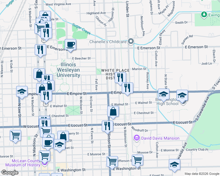 map of restaurants, bars, coffee shops, grocery stores, and more near 1203 North Clinton Boulevard in Bloomington