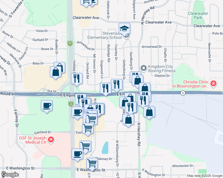 map of restaurants, bars, coffee shops, grocery stores, and more near 2102 East Empire Street in Bloomington