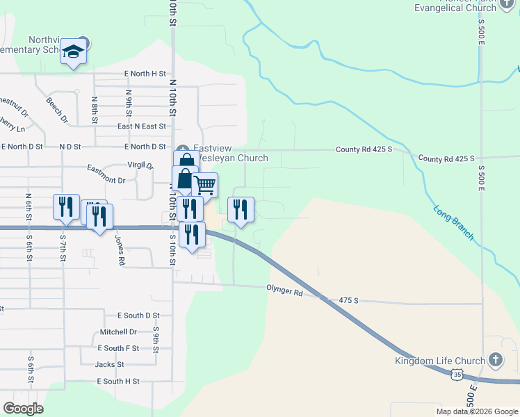map of restaurants, bars, coffee shops, grocery stores, and more near 72 Cobblestone Boulevard in Gas City