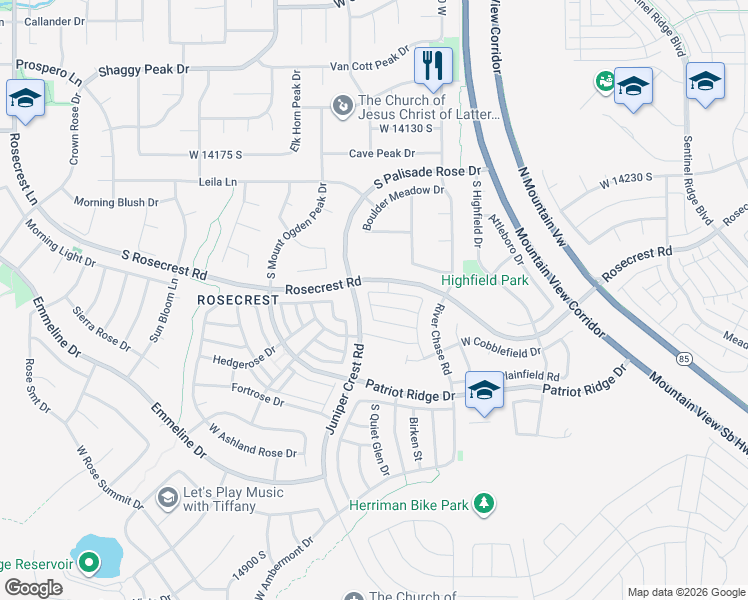 map of restaurants, bars, coffee shops, grocery stores, and more near 14431 West Juniper Crest Road in Herriman