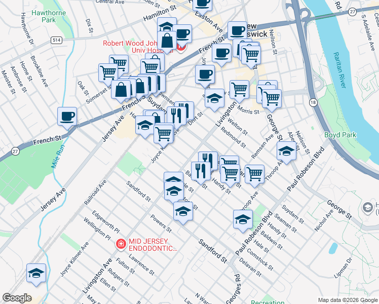 map of restaurants, bars, coffee shops, grocery stores, and more near 259 Seaman Street in New Brunswick