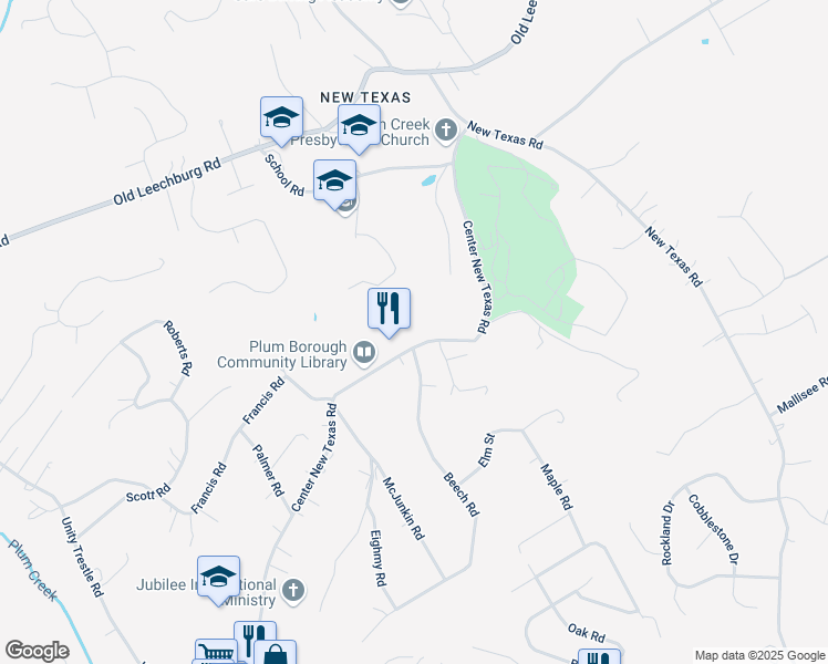 map of restaurants, bars, coffee shops, grocery stores, and more near 501 Center New Texas Road in Pittsburgh