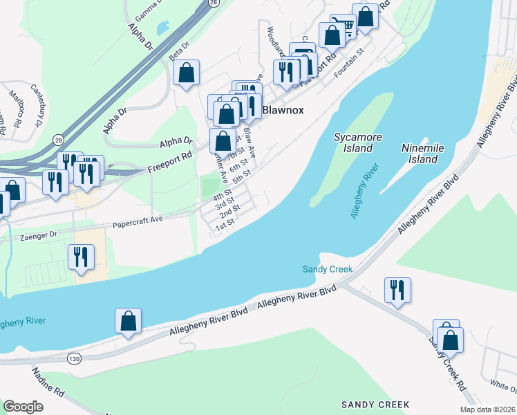 map of restaurants, bars, coffee shops, grocery stores, and more near 33 Riverside Court in Pittsburgh