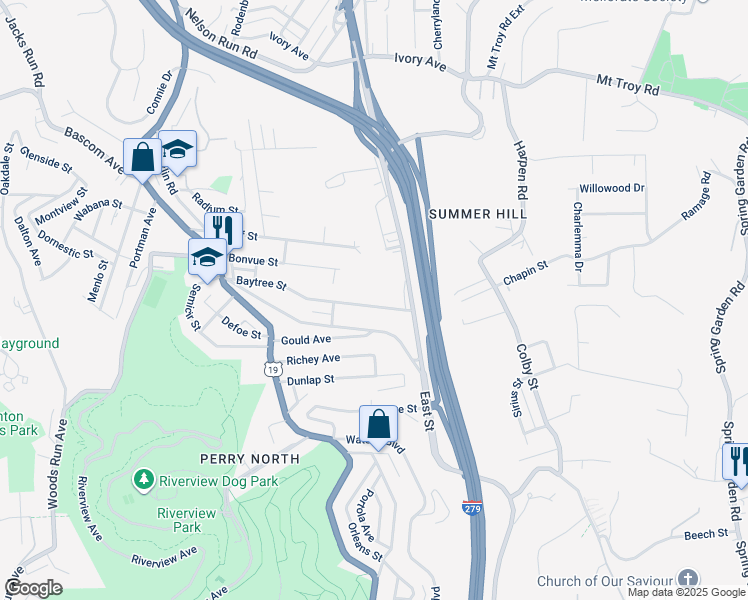 map of restaurants, bars, coffee shops, grocery stores, and more near 3630 Baytree Street in Pittsburgh