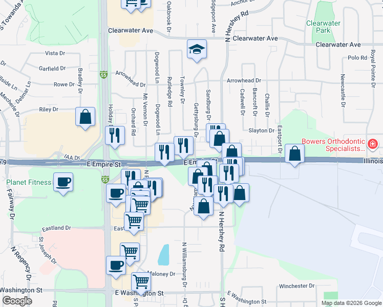 map of restaurants, bars, coffee shops, grocery stores, and more near 2111 Todd Drive in Bloomington