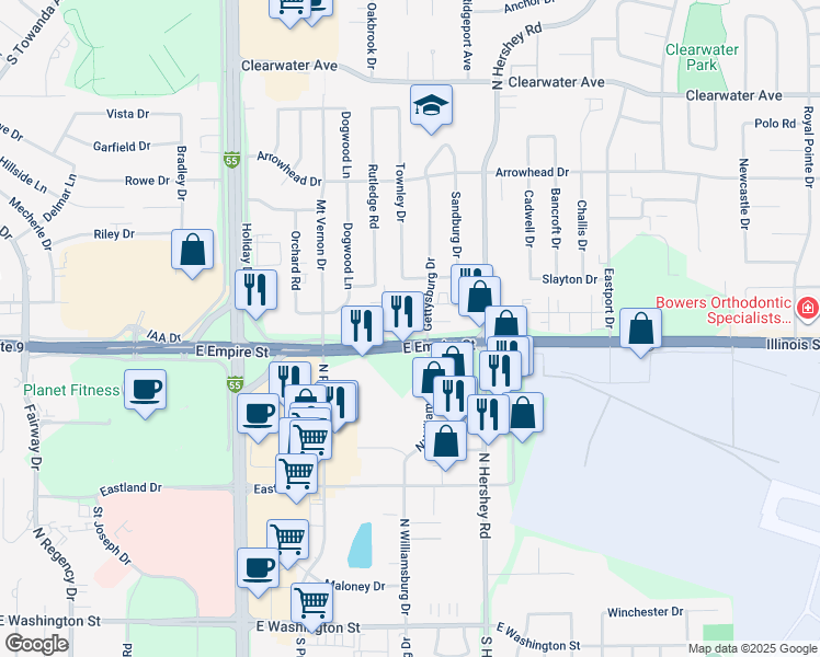 map of restaurants, bars, coffee shops, grocery stores, and more near 2111 Todd Drive in Bloomington