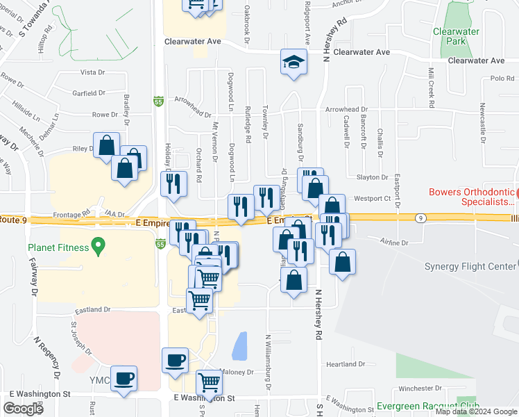 map of restaurants, bars, coffee shops, grocery stores, and more near 2101 Todd Drive in Bloomington