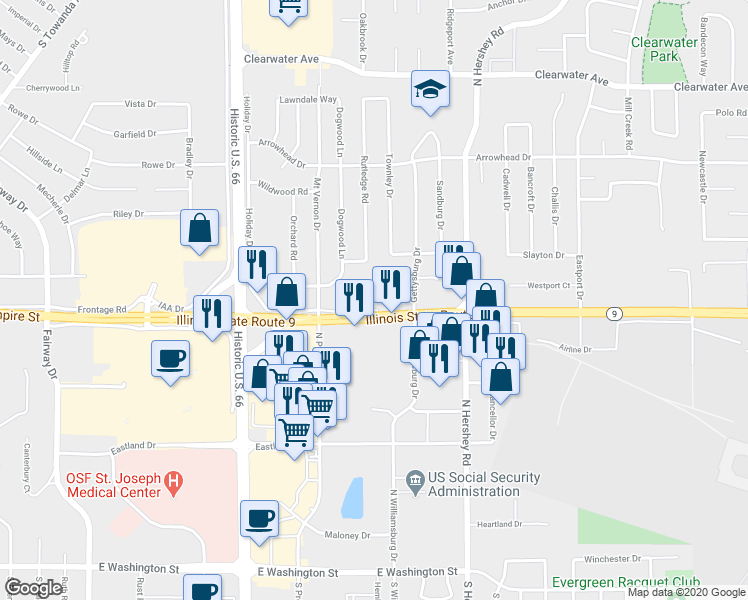 map of restaurants, bars, coffee shops, grocery stores, and more near 2101 Todd Drive in Bloomington