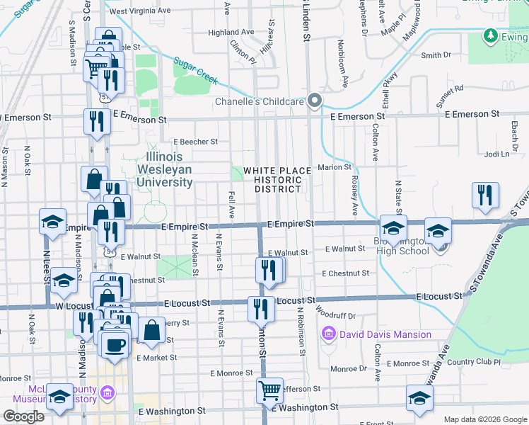map of restaurants, bars, coffee shops, grocery stores, and more near 1203 North Clinton Boulevard in Bloomington