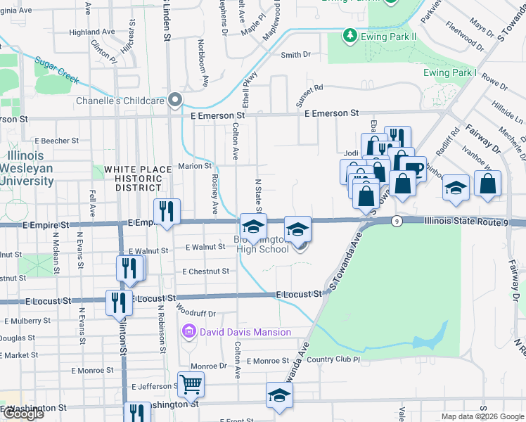 map of restaurants, bars, coffee shops, grocery stores, and more near 1101 North State Street in Bloomington