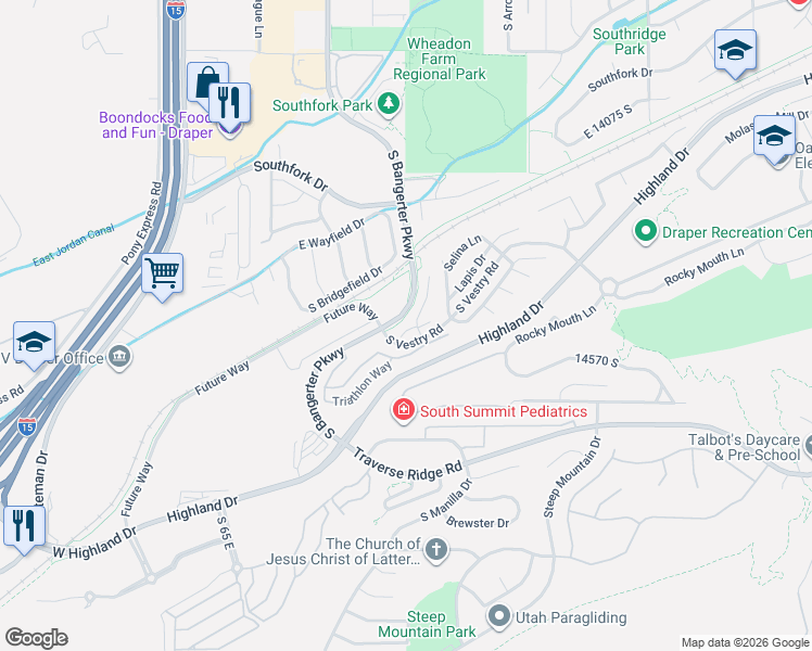 map of restaurants, bars, coffee shops, grocery stores, and more near 311 Endurance Circle in Draper