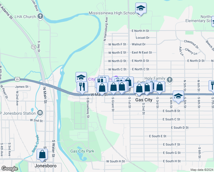 map of restaurants, bars, coffee shops, grocery stores, and more near 210 West North A Street in Gas City