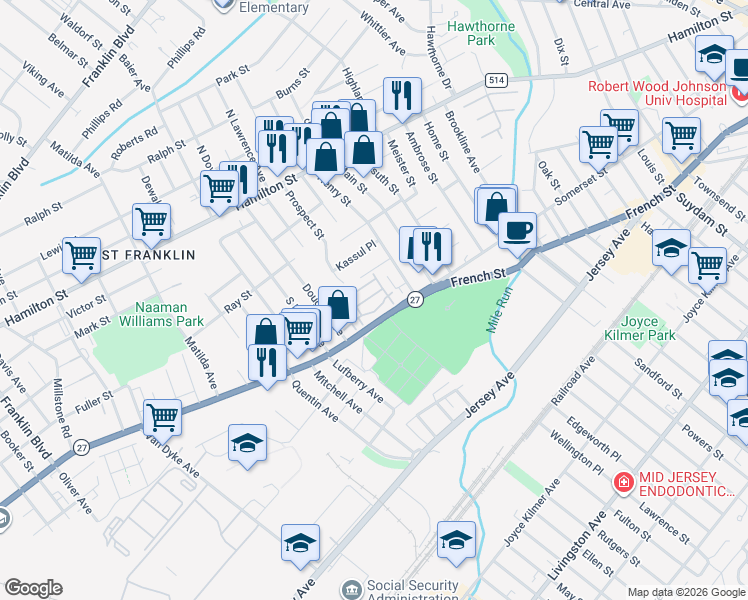 map of restaurants, bars, coffee shops, grocery stores, and more near 12 Keenan Street in Franklin Township