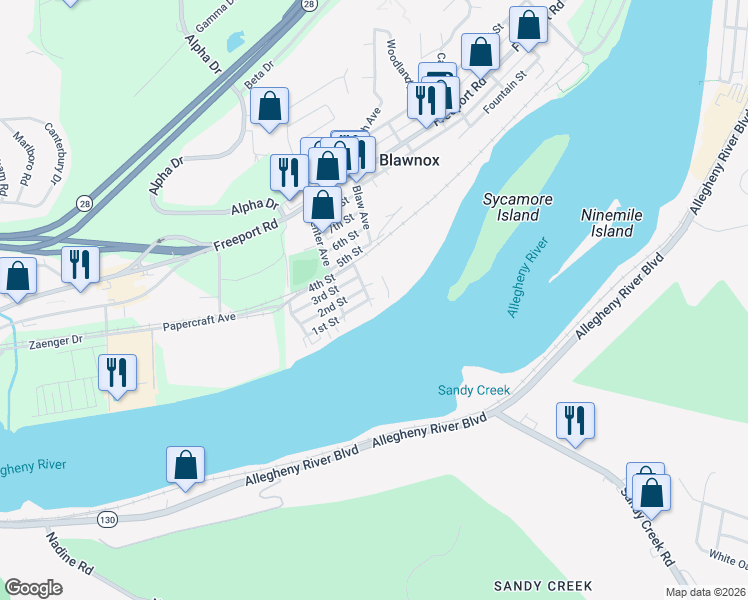 map of restaurants, bars, coffee shops, grocery stores, and more near 33 Riverside Court in Pittsburgh