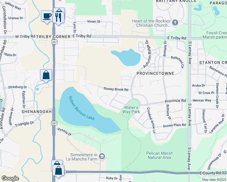 map of restaurants, bars, coffee shops, grocery stores, and more near 527 Stoney Brook Road in Fort Collins